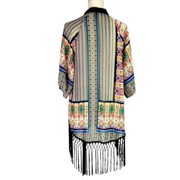 Flying Tomato Kimono Duster Women S Multicolor Aztec Western Fringe Boho Coverup - Picture 6 of 7